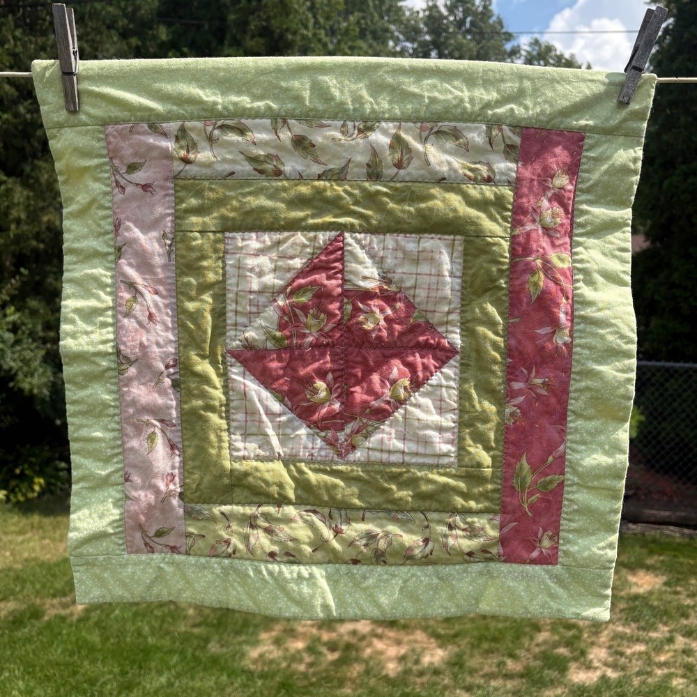 Handmade Quilted Wall Hanging Basket Table Liner Floral Sage Green Rose 18x18